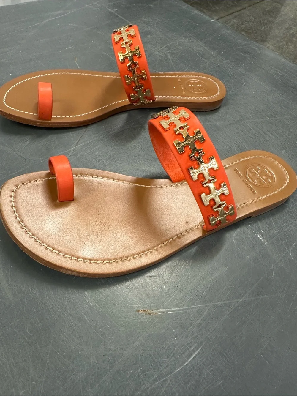 Tory Burch Orange Leather Jolie Toe Ring Slide Sandals Gold Hardware Size 6M